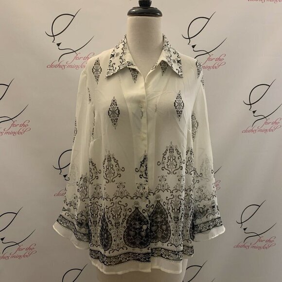 Kim Rogers. Size Large. Sheer Border Print Shirt. Layering Piece. Cover. B33 - Picture 1 of 7